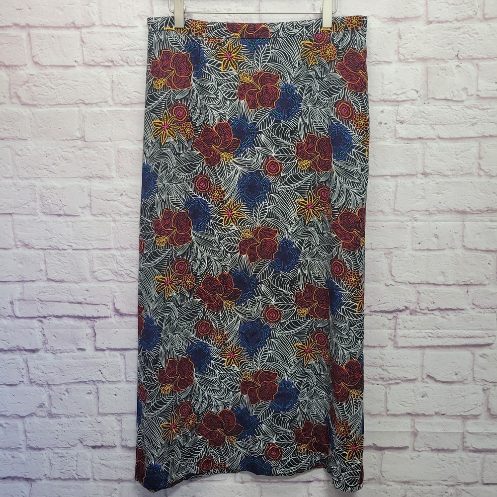 VTG Sag Harbor Black Floral Hibiscus Midi Skirt Sz 16 Boho Tropical Retro Tomato